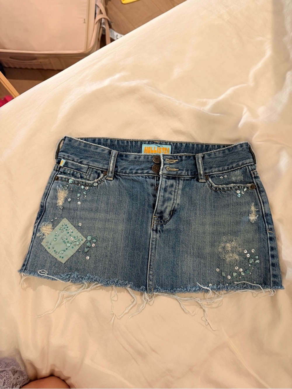 Hollister Light Blue Distressed Denim Mini Skirt with Aqua Sequin Accents
